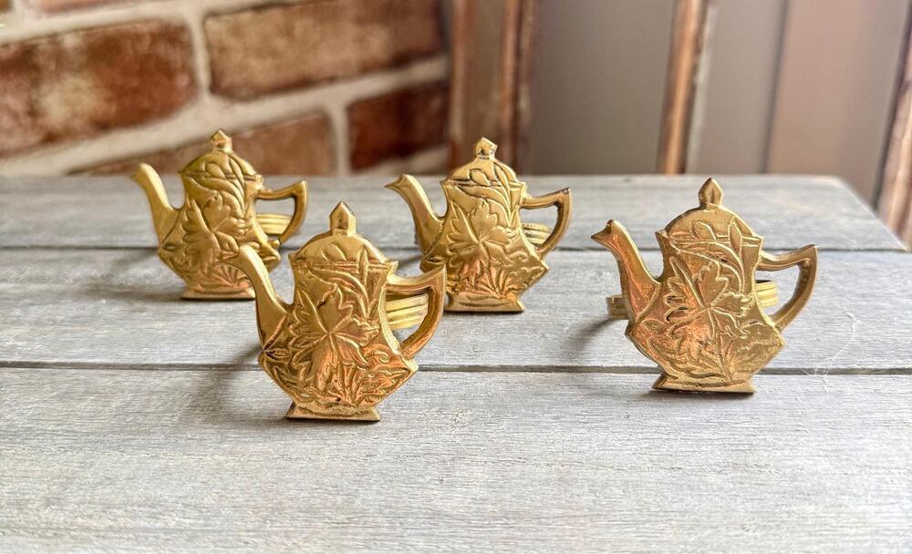 Vintage Brass Teapot Napkin Rings | Etched Tea Pot Napkin Holders